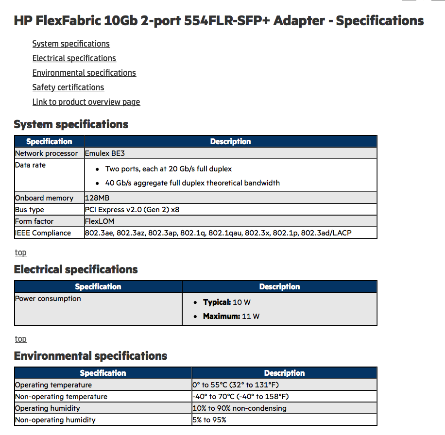 HP FlexFabric 10Gb 2-port 554FLR-SFP+ Adapter - Specifications